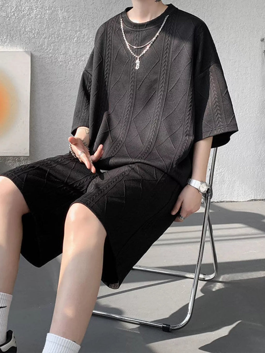 Plus Size Textured Relaxed Fit Top and Shorts Set in Black for Men