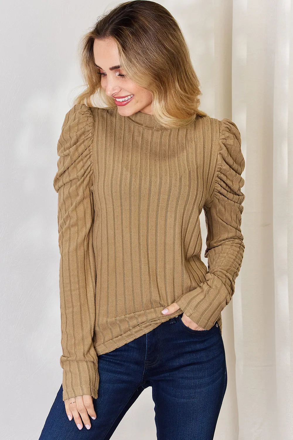 Plus Size Ribbed Mock Neck Puff Sleeve T-Shirt in Pink for Women