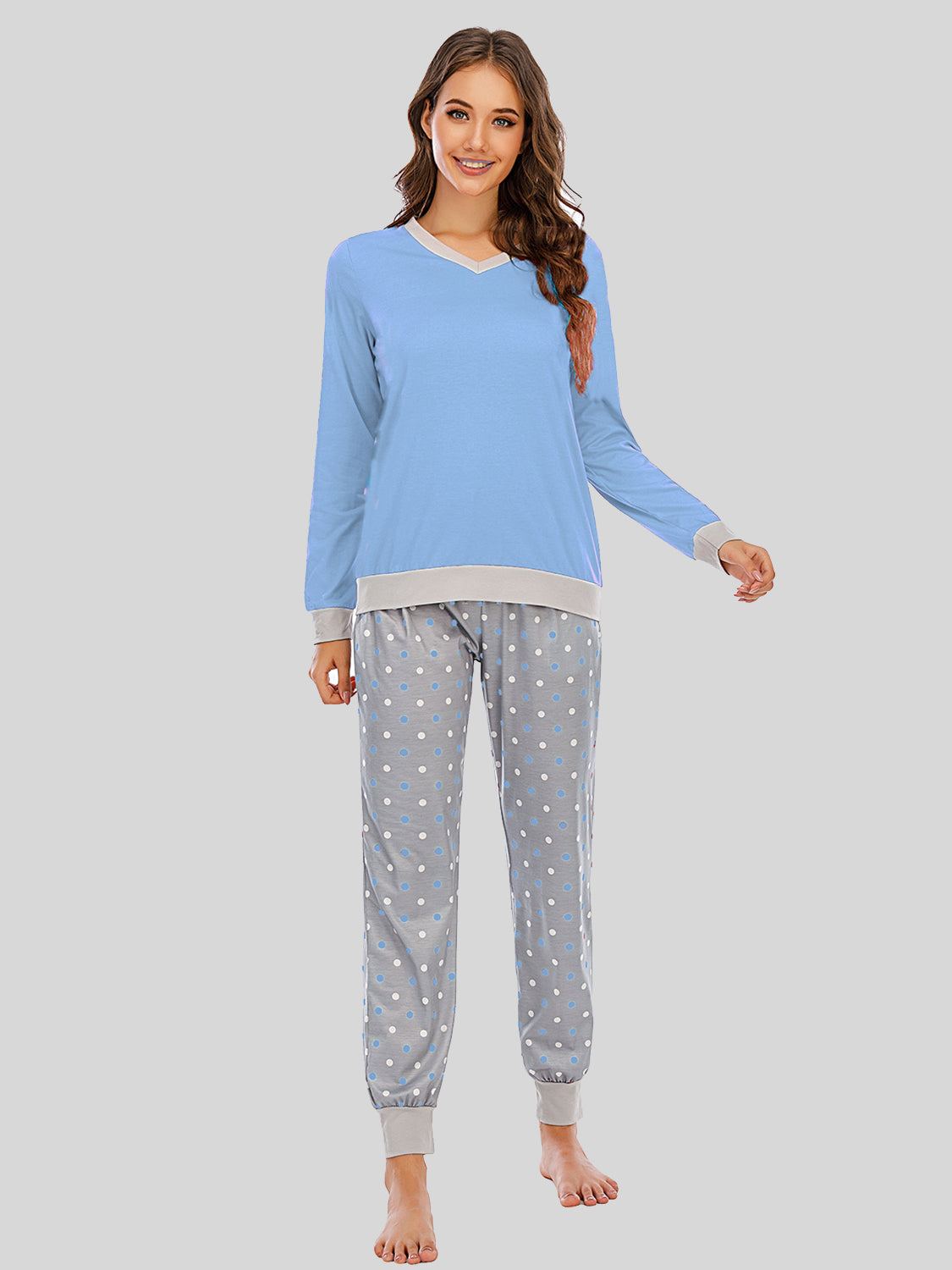 Long Sleeve Top and Polka Dot Pants Set in Black for Women