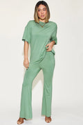 Plus Size Bamboo Drop Shoulder T-Shirt and Flare Pants Set in Sage for Women