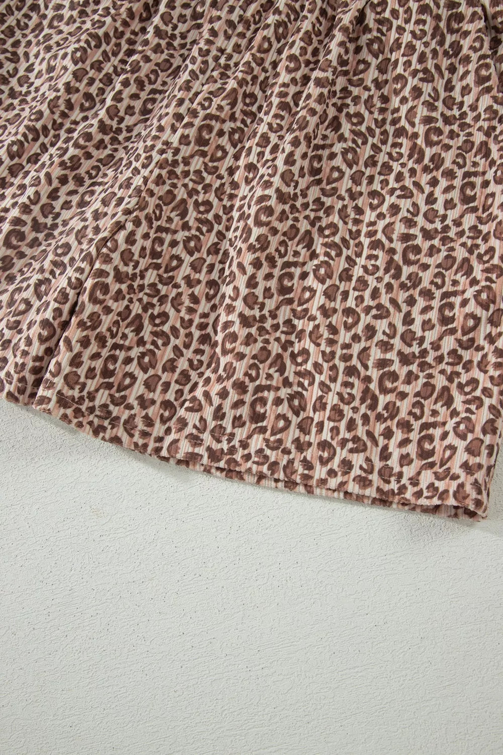 Leopard Print Ribbed Patchwork Half Button Loose Tee Elastic Waist Shorts Two-Piece Set in Mocha for Women