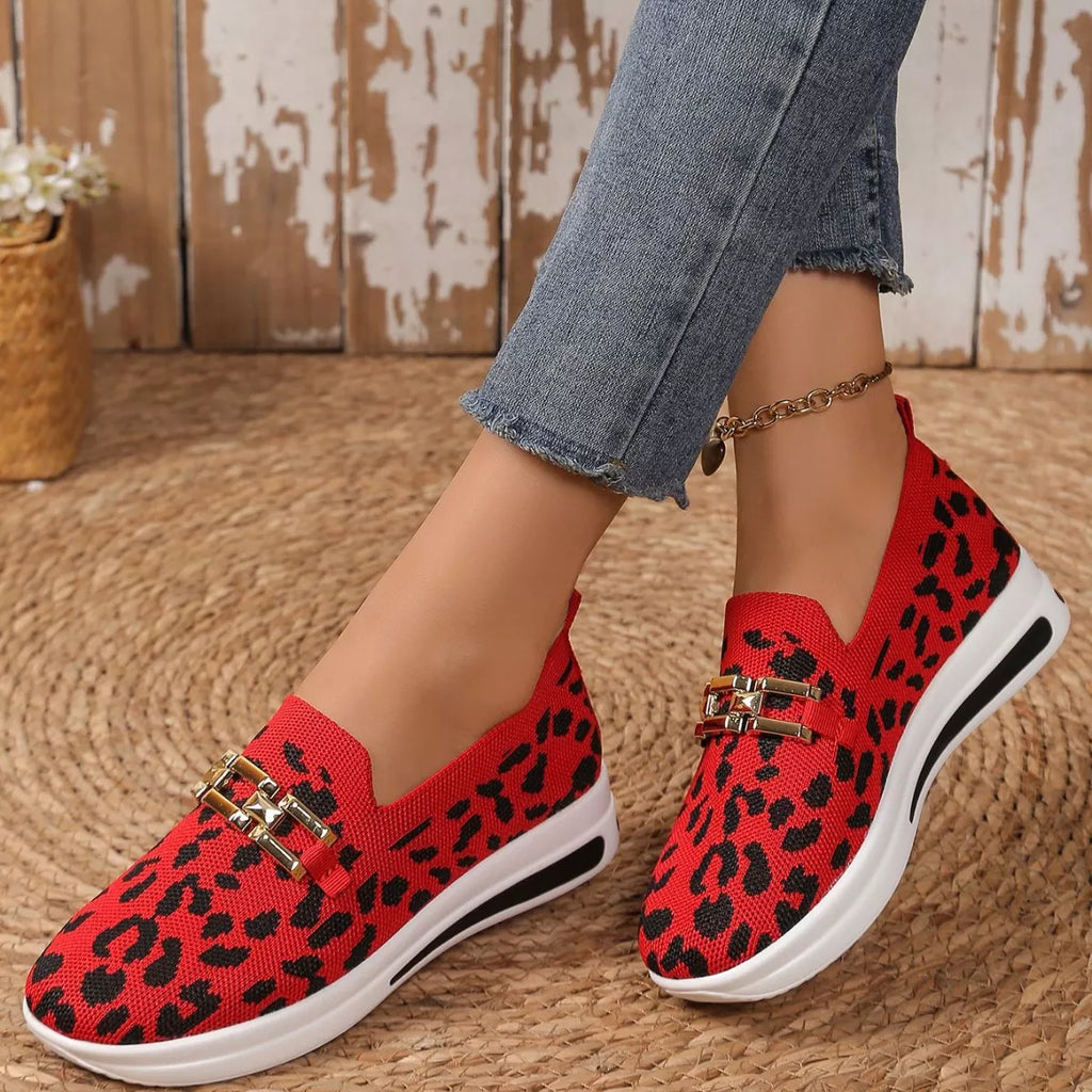 Leopard Round Toe Slip-Ons in Red Leopard Print for Women