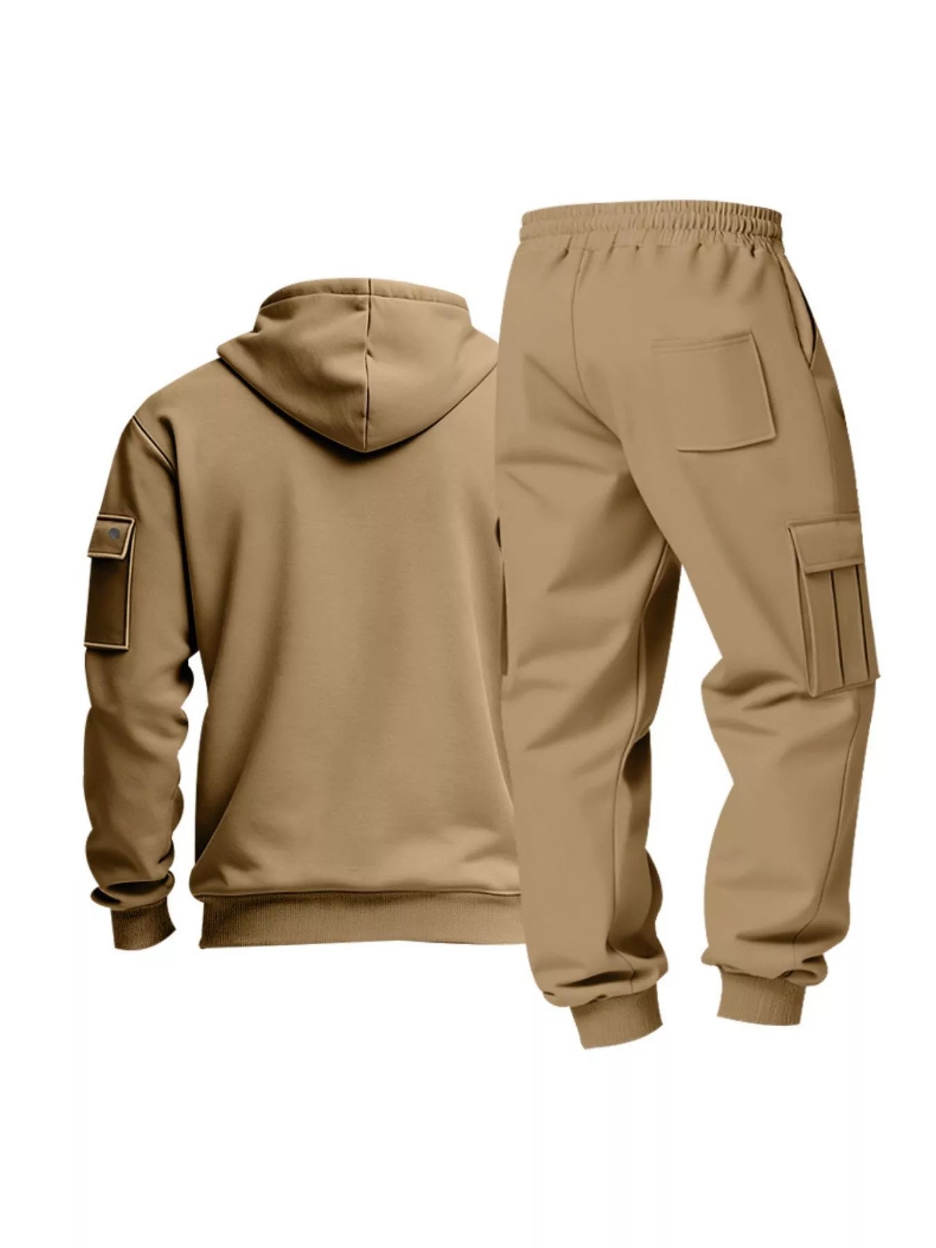 Half Zip Hoodie and Cargo Pants Set Plus Size in Camel for Men