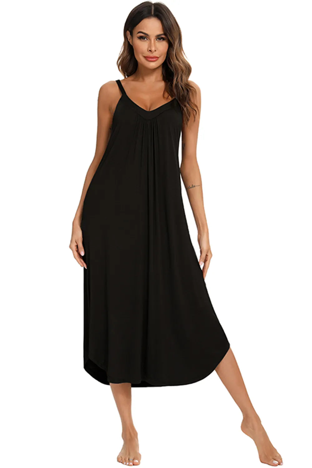 V-Neck Midi Lounge Dress in Black for Women
