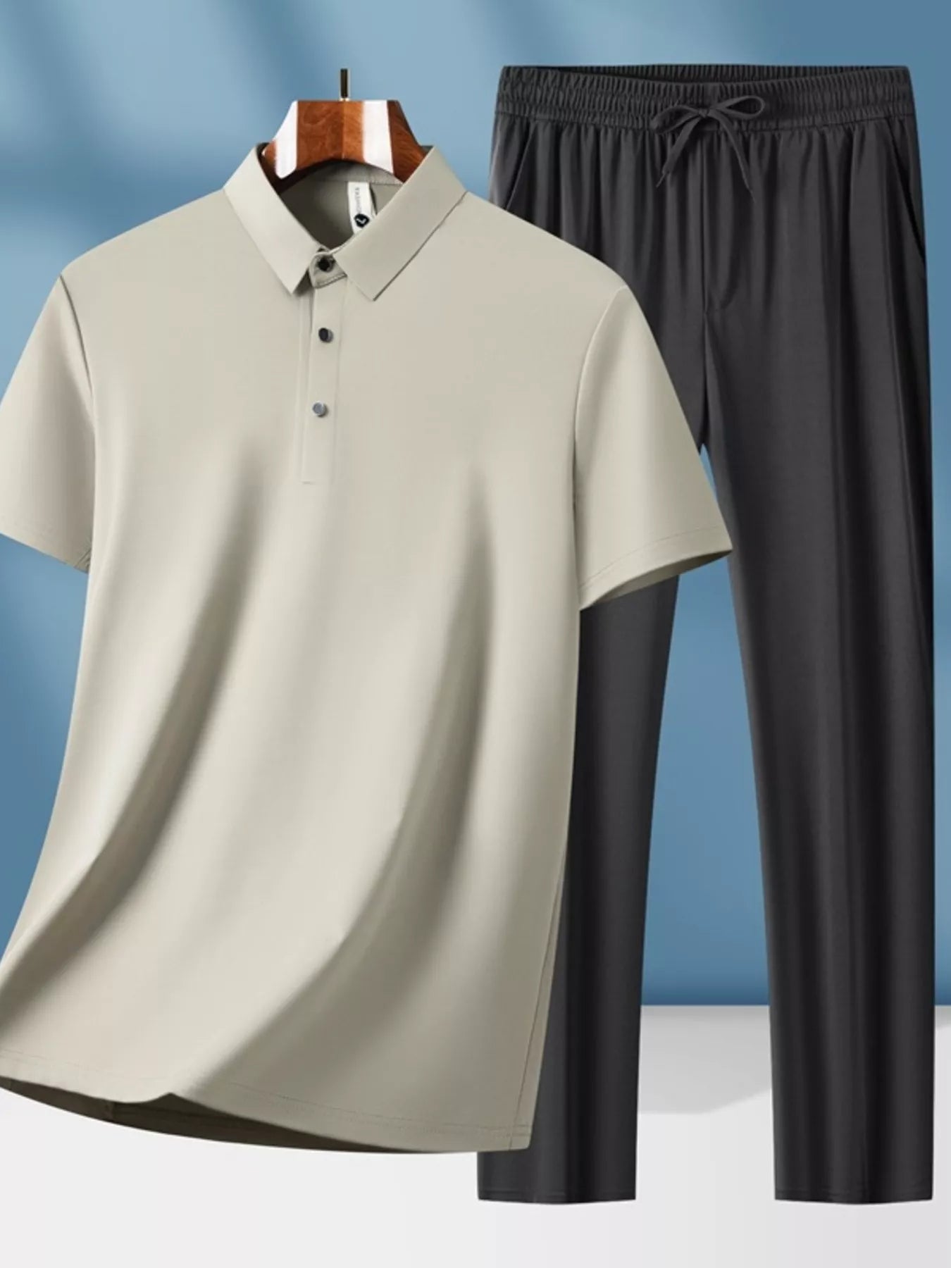 Plus Size Button Detail Short Sleeve Top and Pants Set in Black for Men