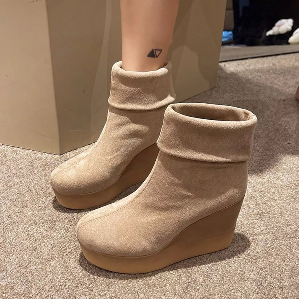 Round Toe Wedge Boots in Brown for Women
