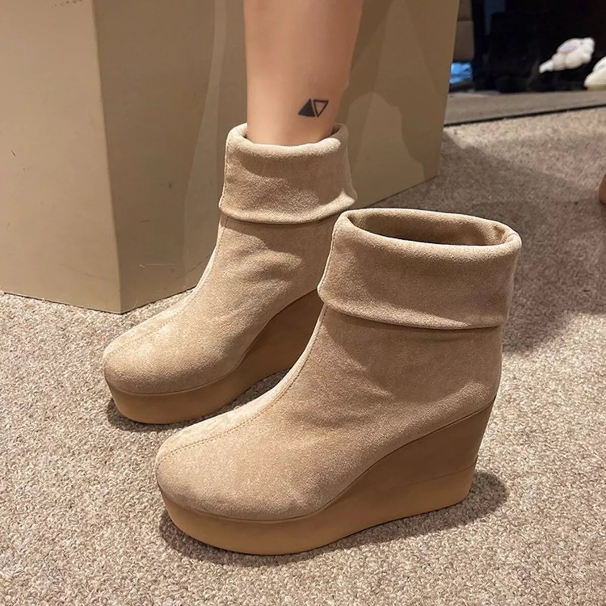 Round Toe Wedge Boots in Brown for Women