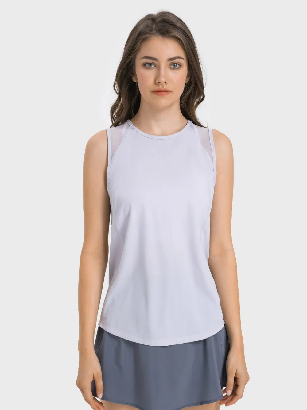 Cutout Back Round Neck Active Tank in White for Women