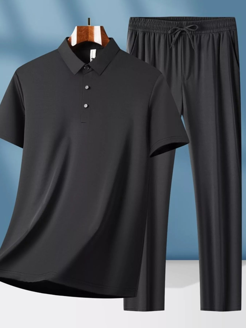 Plus Size Button Detail Short Sleeve Top and Pants Set in Black for Men