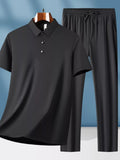 Plus Size Button Detail Short Sleeve Top and Pants Set in Black for Men
