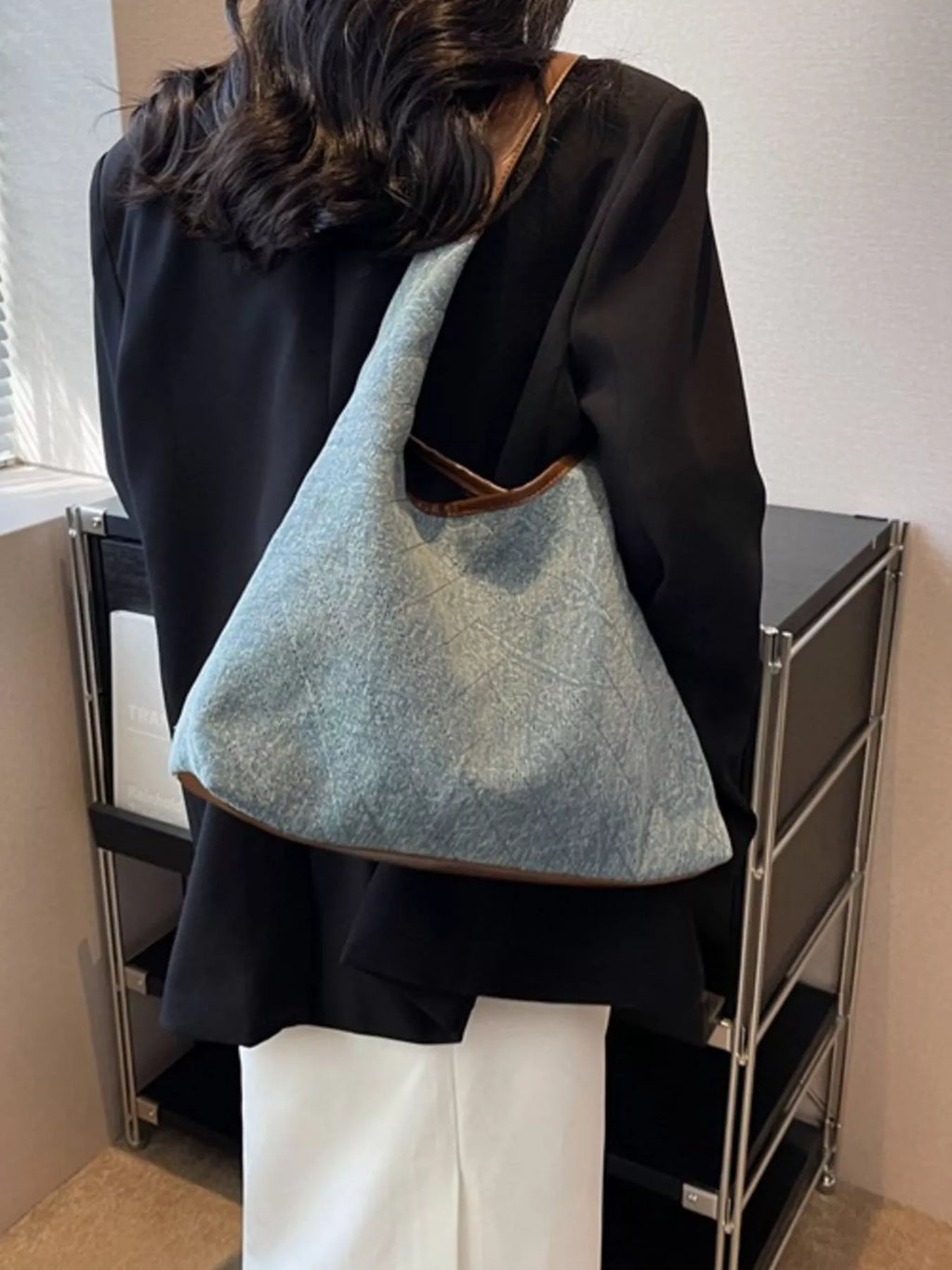 Denim Shoulder Bag with Leather Trim for Women