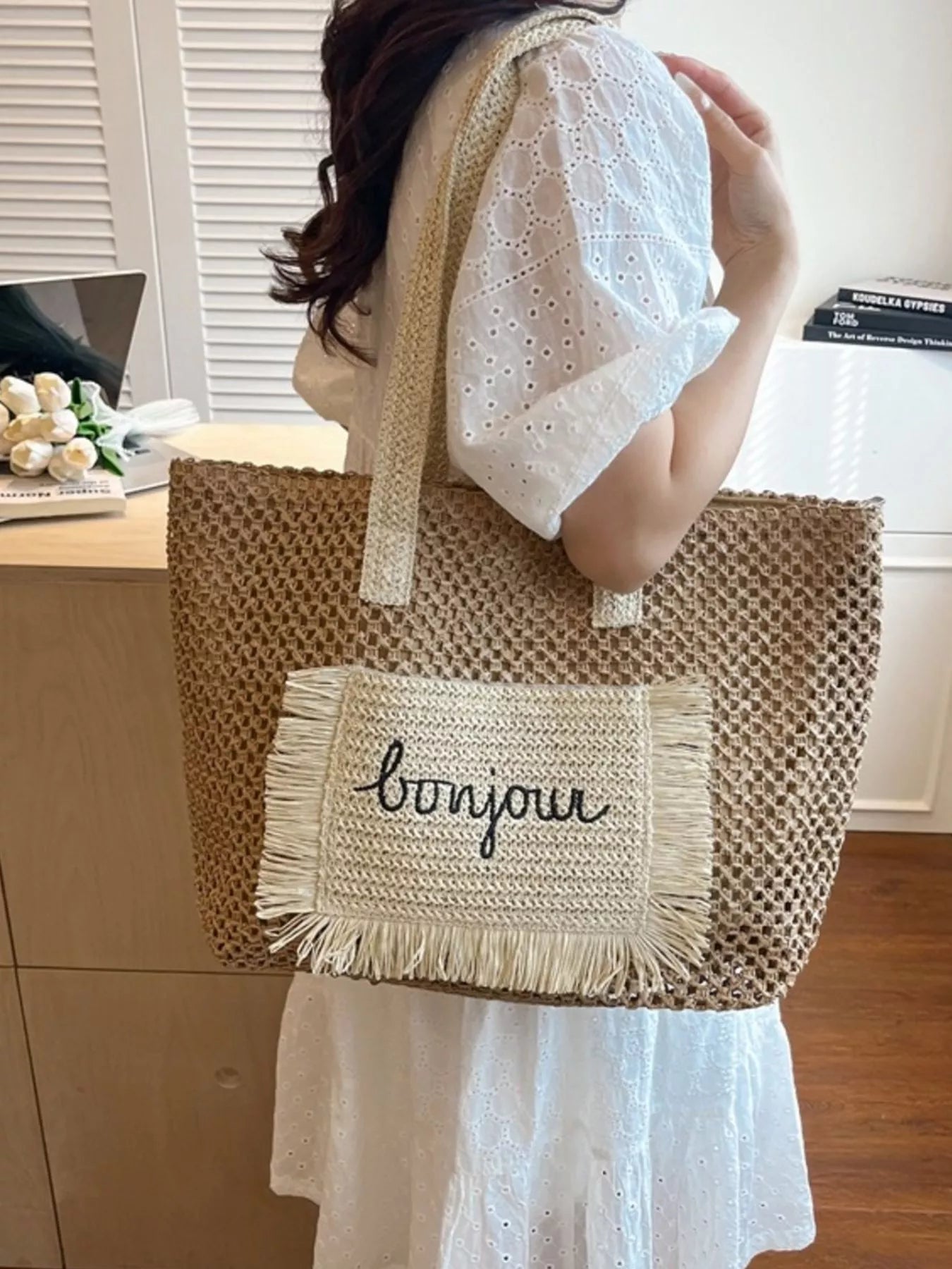 Fringe Straw Shoulder Bag for Women