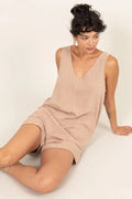 V-Neck Sleeveless Romper with Pockets in Tan for Women
