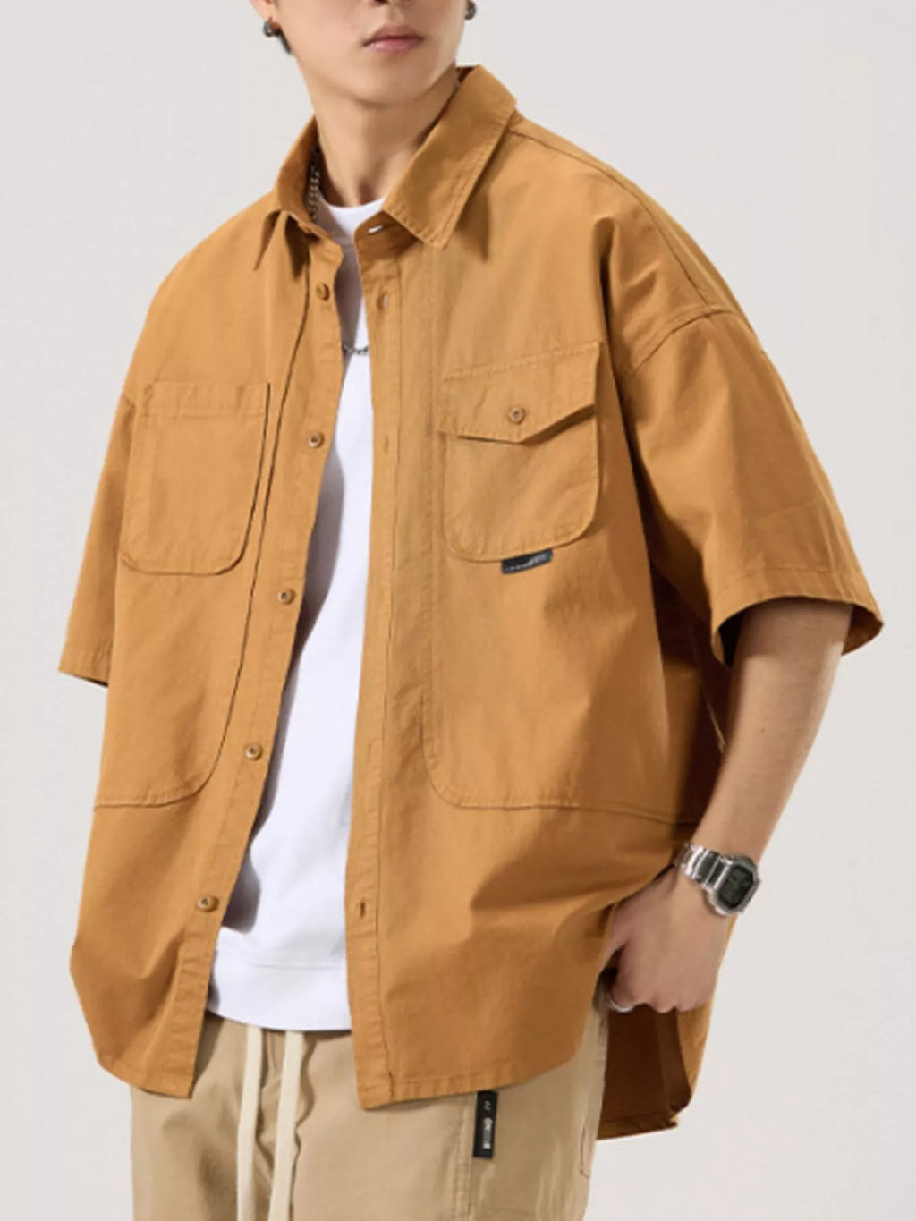 Button Up Half Sleeve Shirt Plus Size in Light Apricot in Black for Men