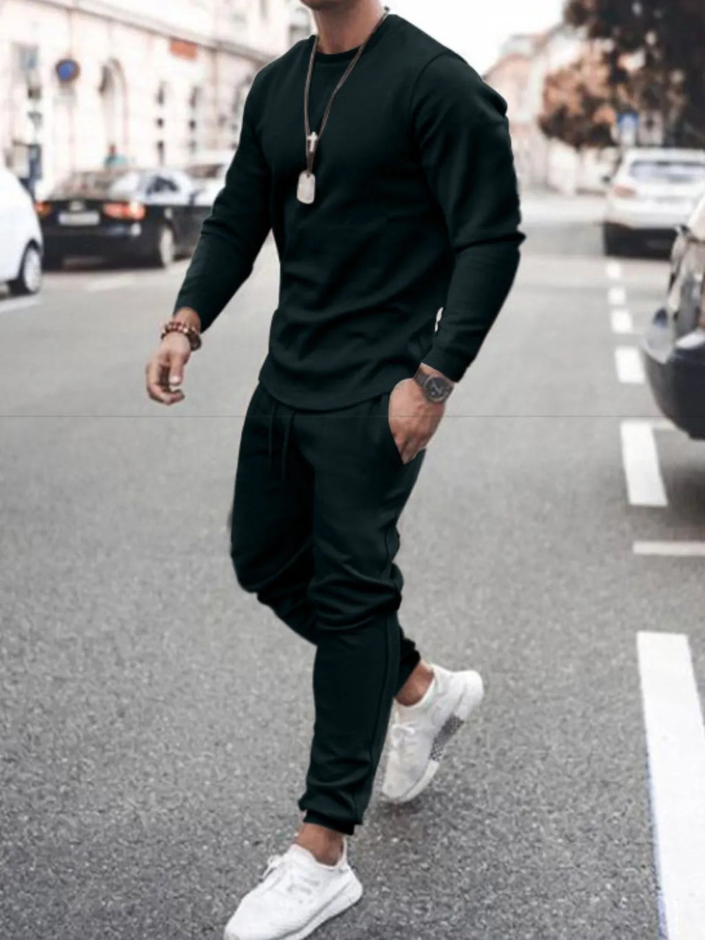 Round Neck Long Sleeve Top and Pants Set Plus Size in White for Men
