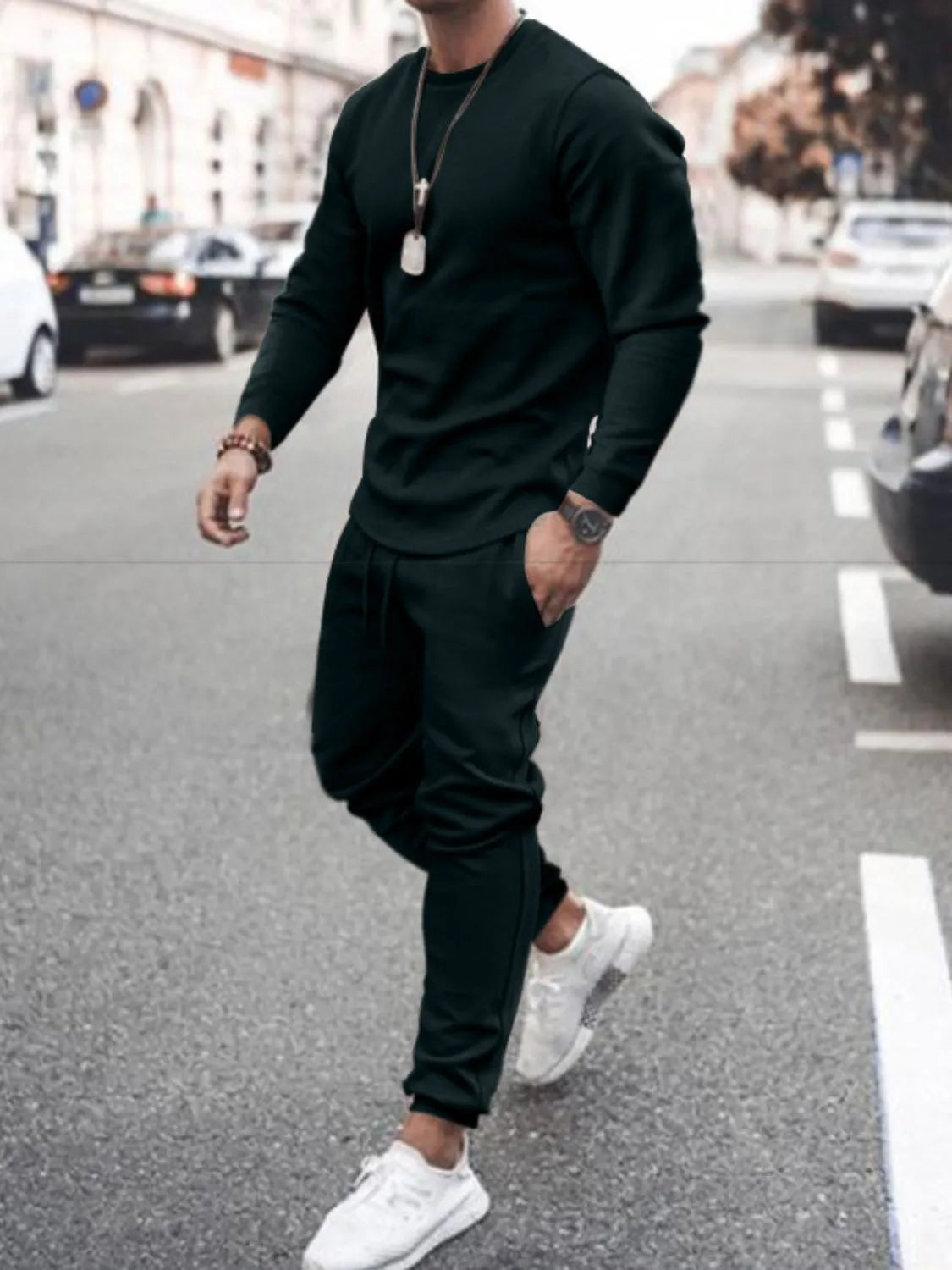 Round Neck Long Sleeve Top and Pants Set Plus Size in White for Men