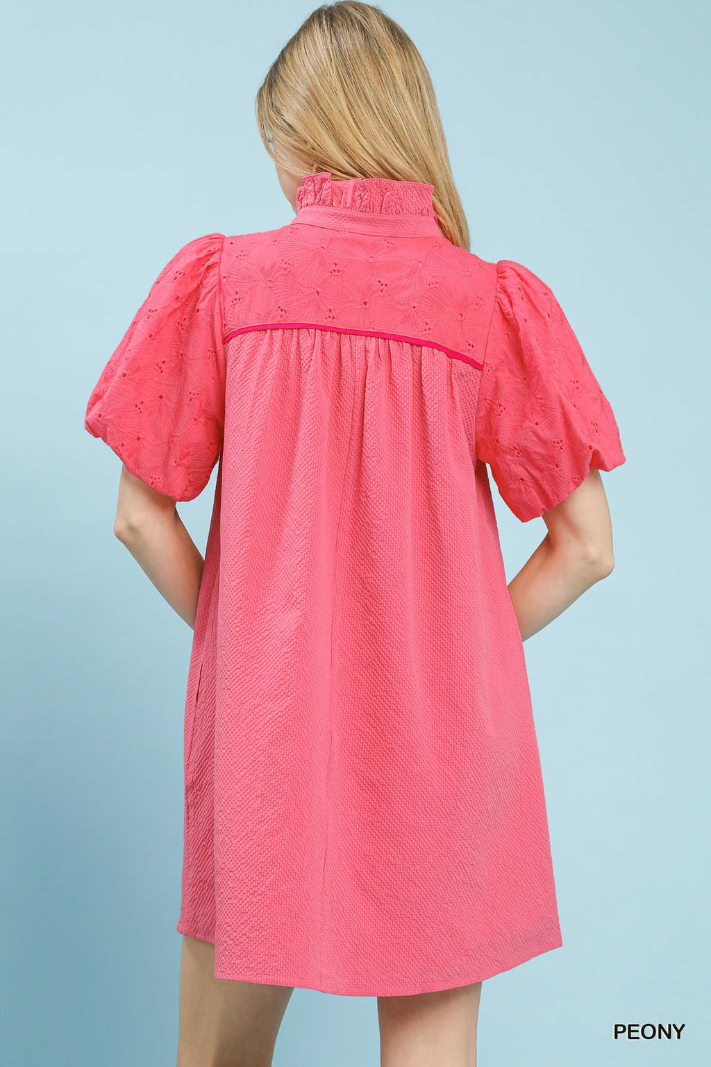 Puff Sleeve Textured Babydoll Dress in Peony for Women