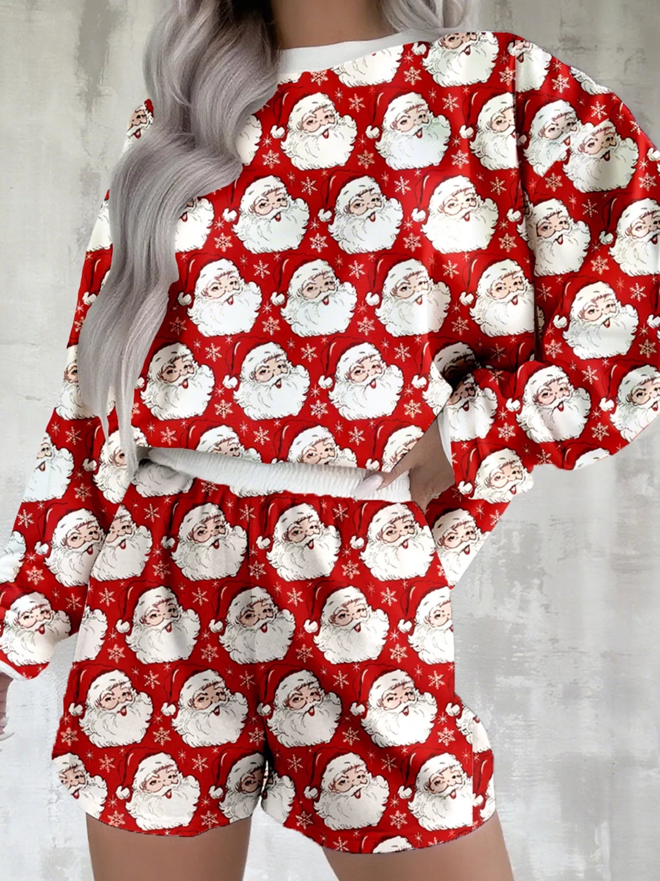 Christmas Santa Print Round Neck Top and Shorts Lounge Set in Deep Red for Women