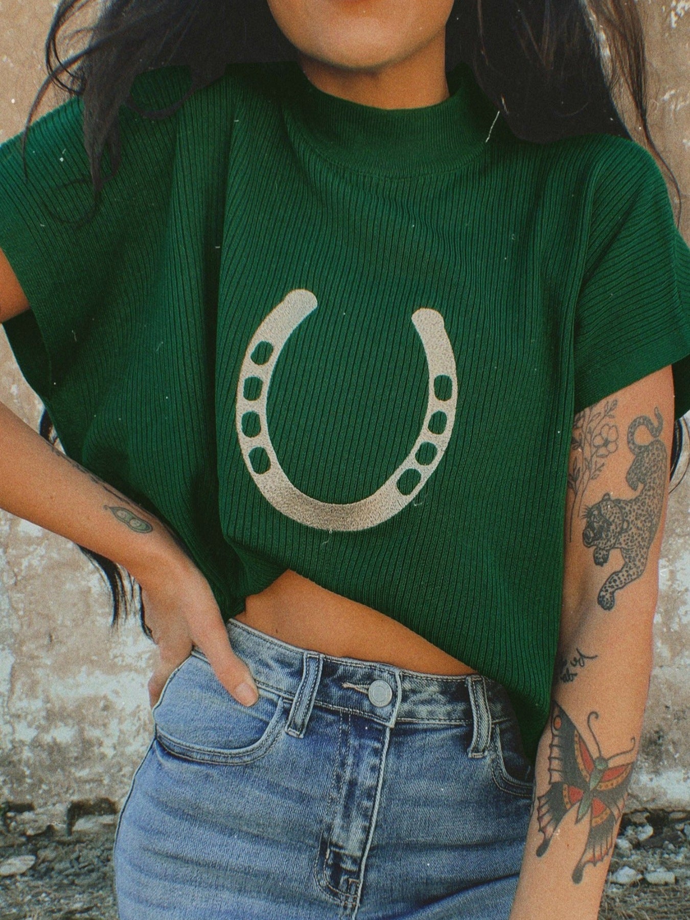 Horseshoe Graphic Short Sleeve Sweater in Dark Green for Women