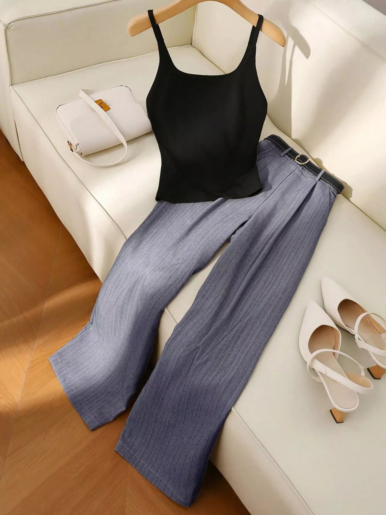 Sleeveless Top and Wide Leg Pants Set in Dark Gray for Women