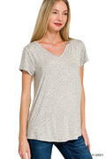 Rayon Short Sleeve V-Neck Round Hem Top in Heather Grey for Women