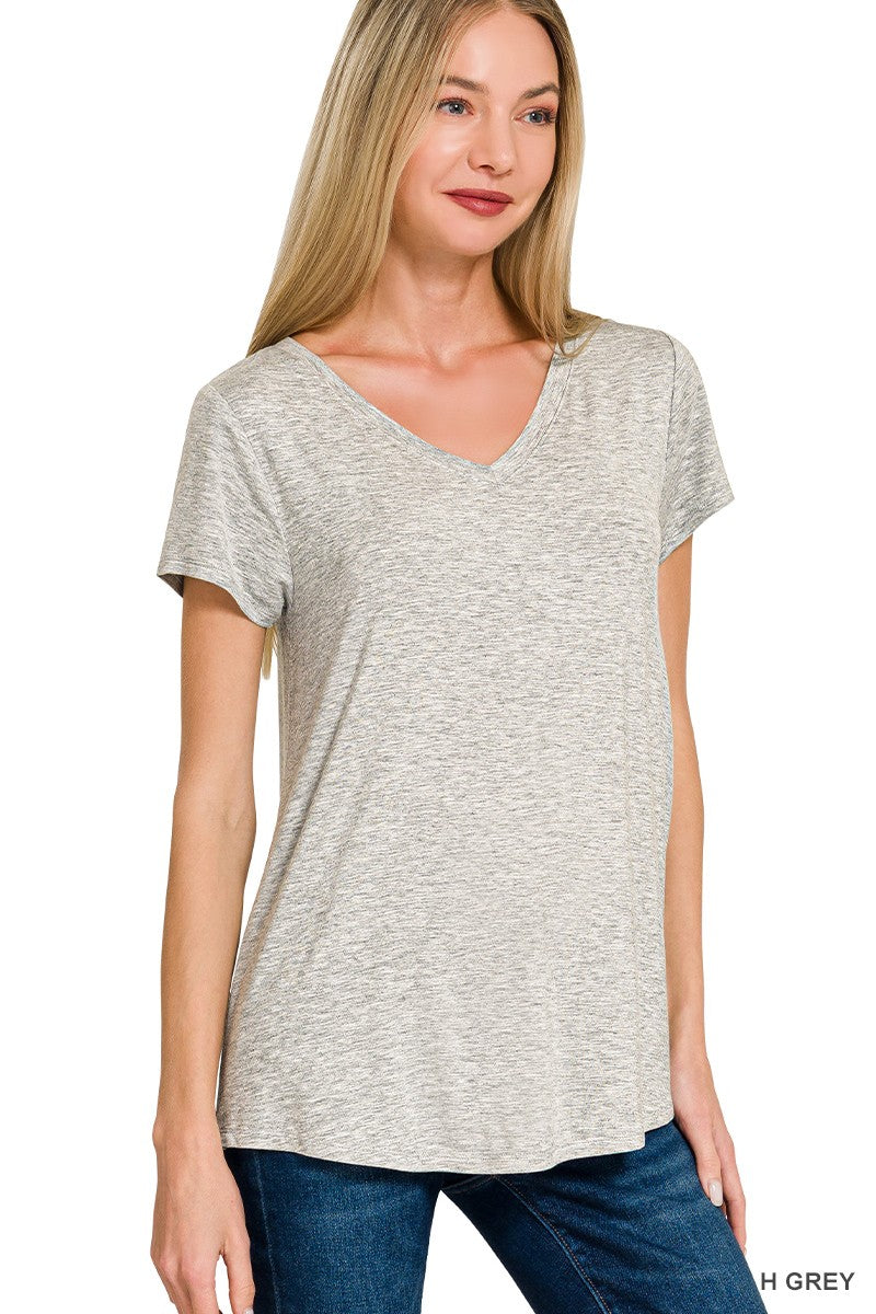 Rayon Short Sleeve V-Neck Round Hem Top in Heather Grey for Women