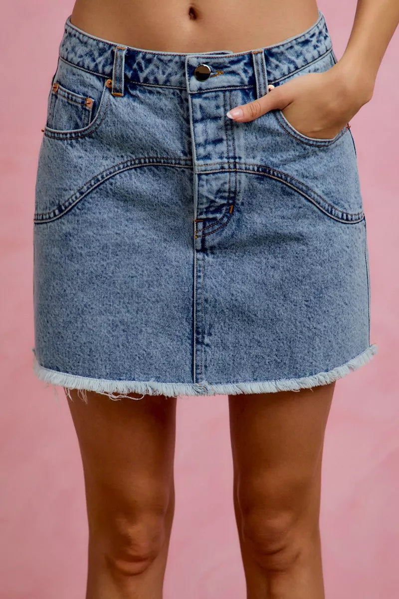 Washed Denim Floral Contrast Pockets Mini Skirt for Women