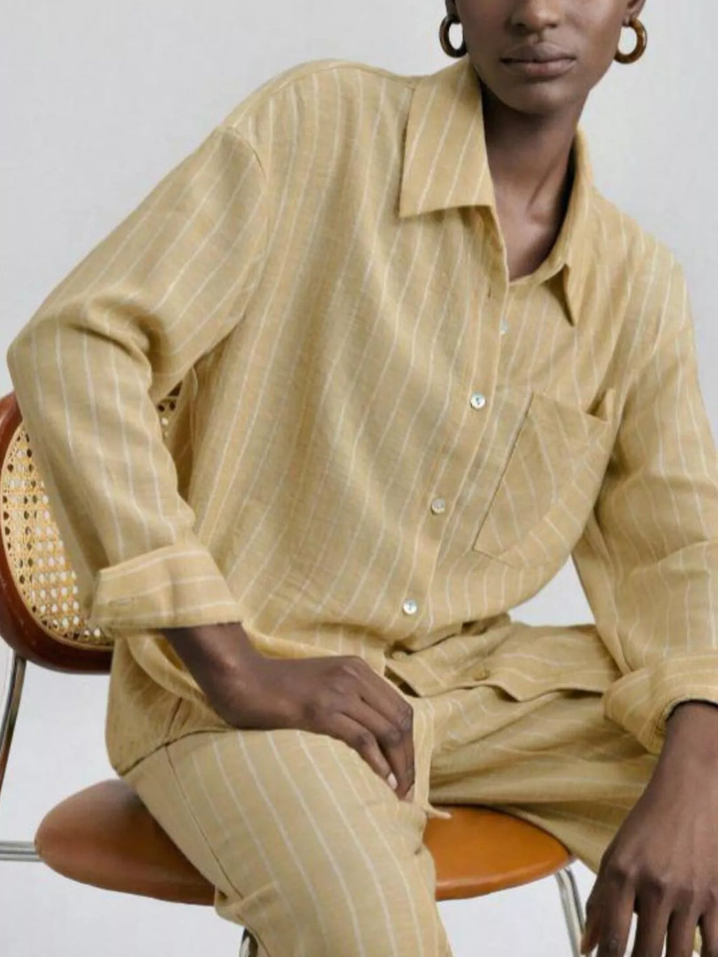 Striped Button Up Shirt and Pants Set in Pastel Yellow for Women