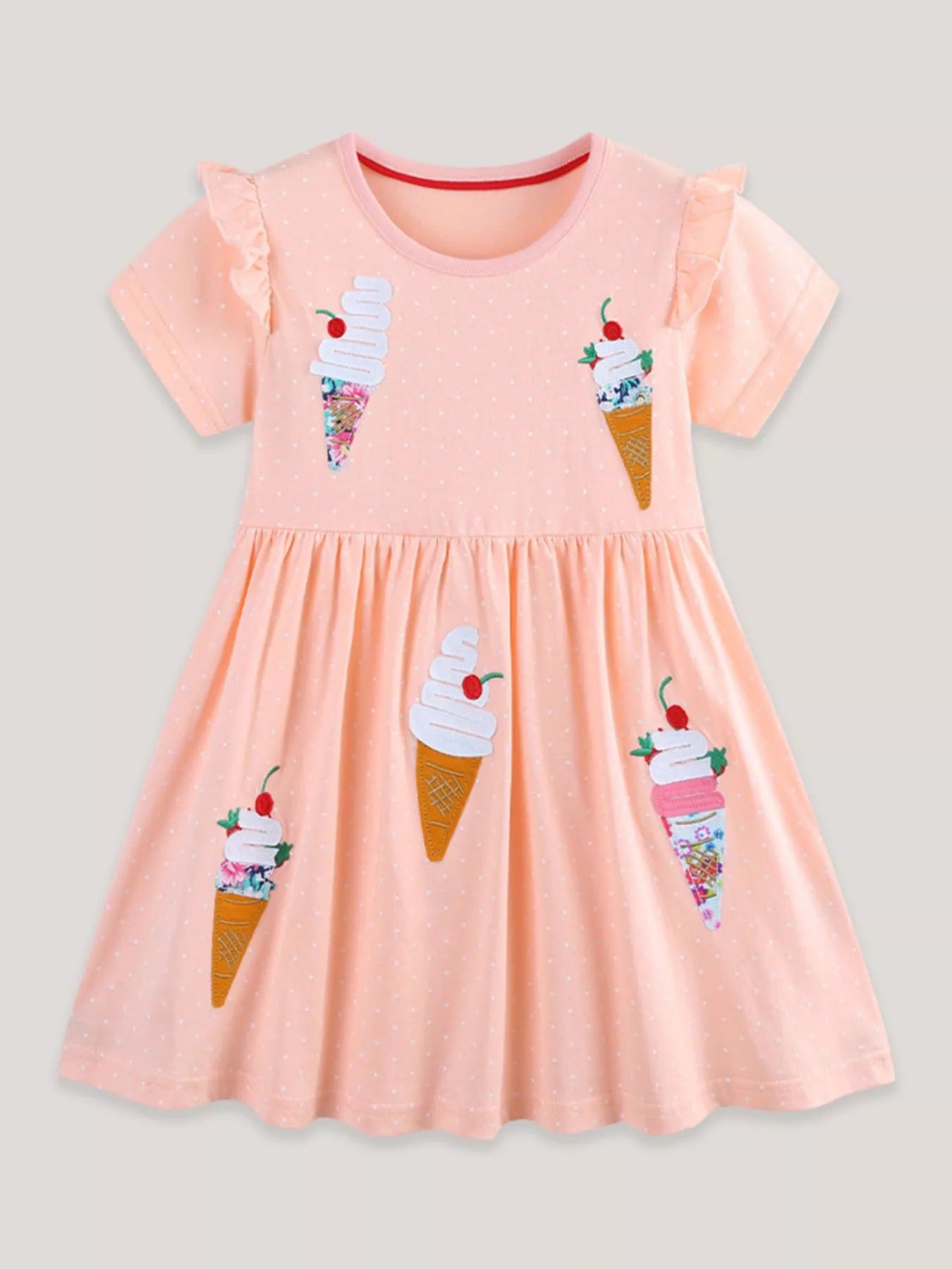 Ice Cream Applique Round Neck Dress in Watermelon Pink for Girls