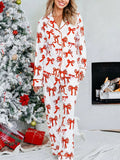 Christmas Bow Print Top and Pants 2pcs Pajama Set in Red for Women