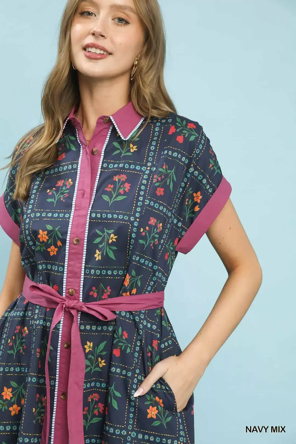 Mix Floral Button-Front Midi Dress in Navy Mix for Women