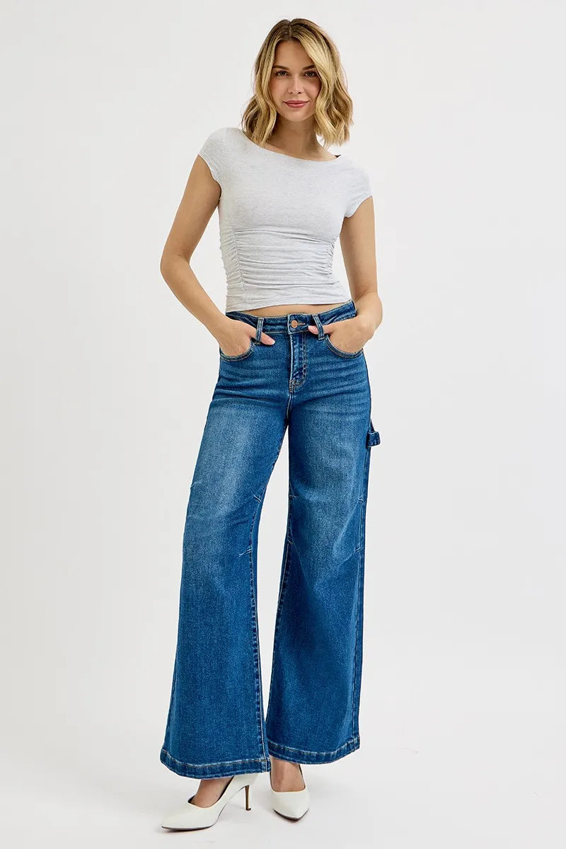High Rise Wide Leg Patch Detailed Jeans Plus Size in Dark for Women