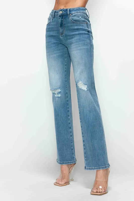 Plus Size Distressed High Rise Straight Jeans in Medium for Women