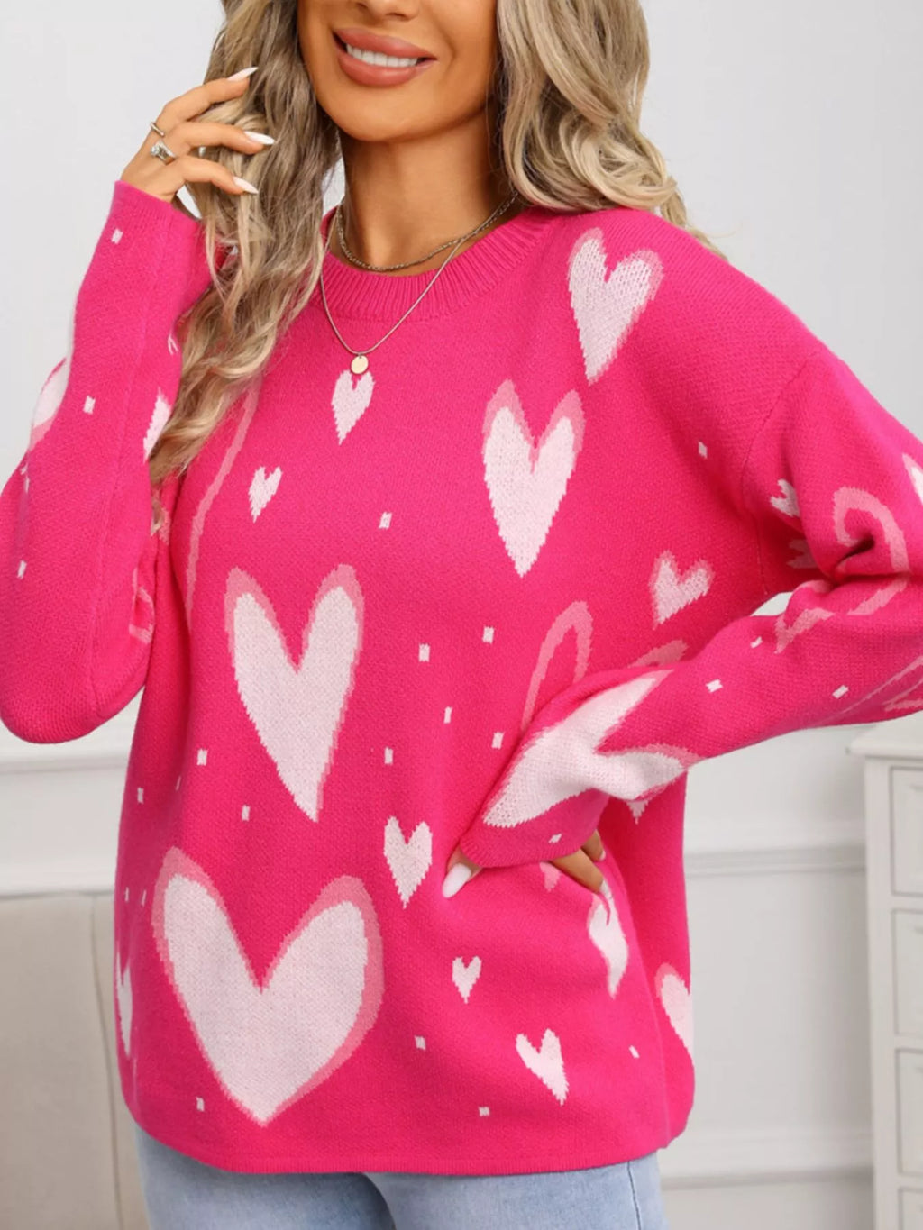 Valentines Day Heart Crew Neck Sweater in Rose Red for Women