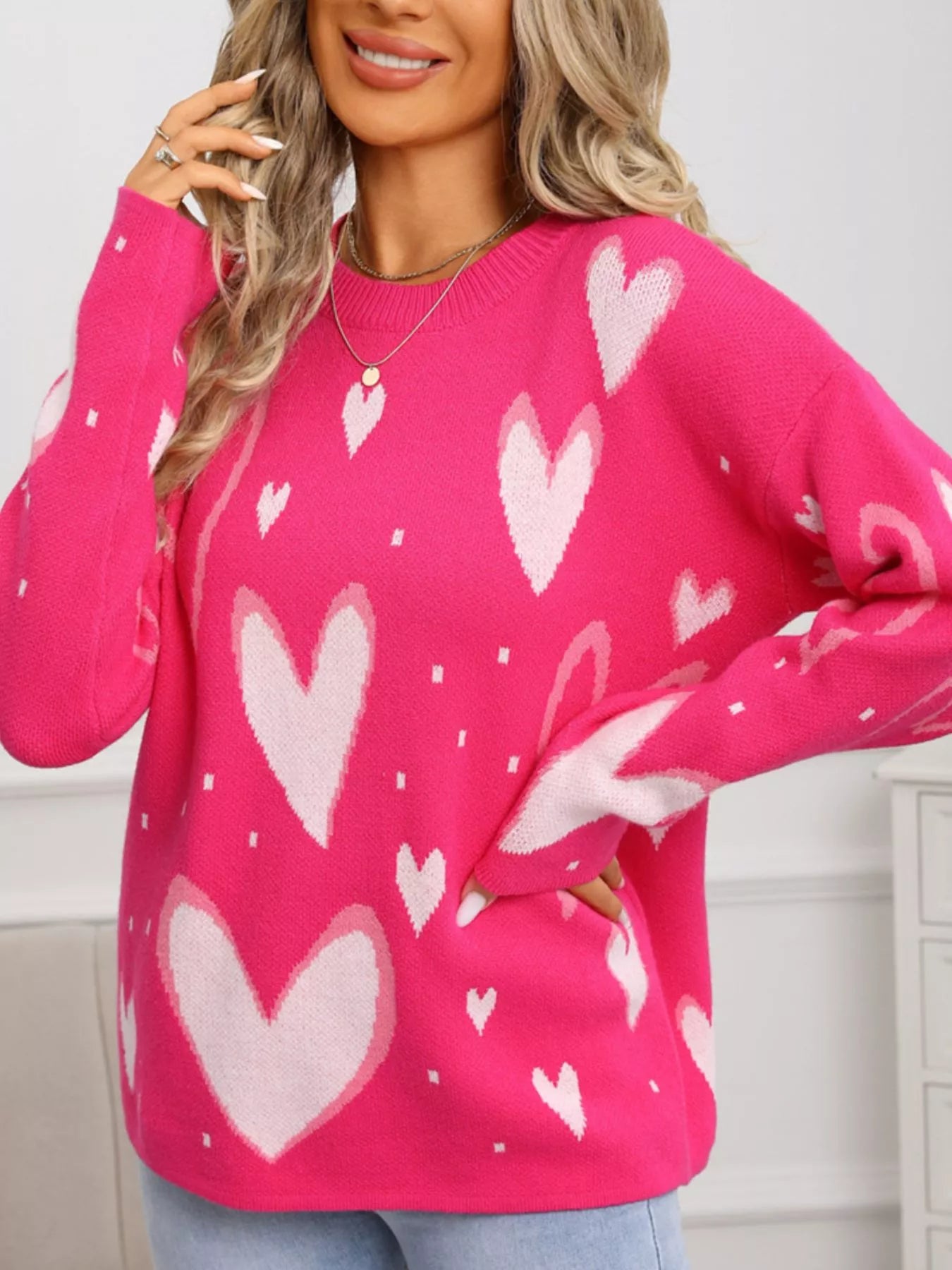 Valentines Day Heart Crew Neck Sweater in Rose Red for Women
