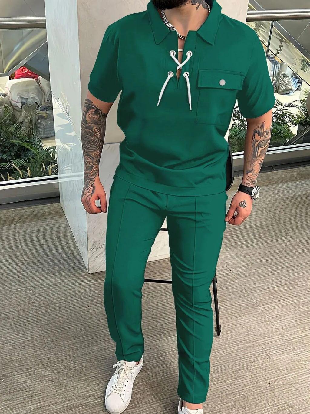 Lace Up Short Sleeve Top and Pants Plus Size in Black for Men