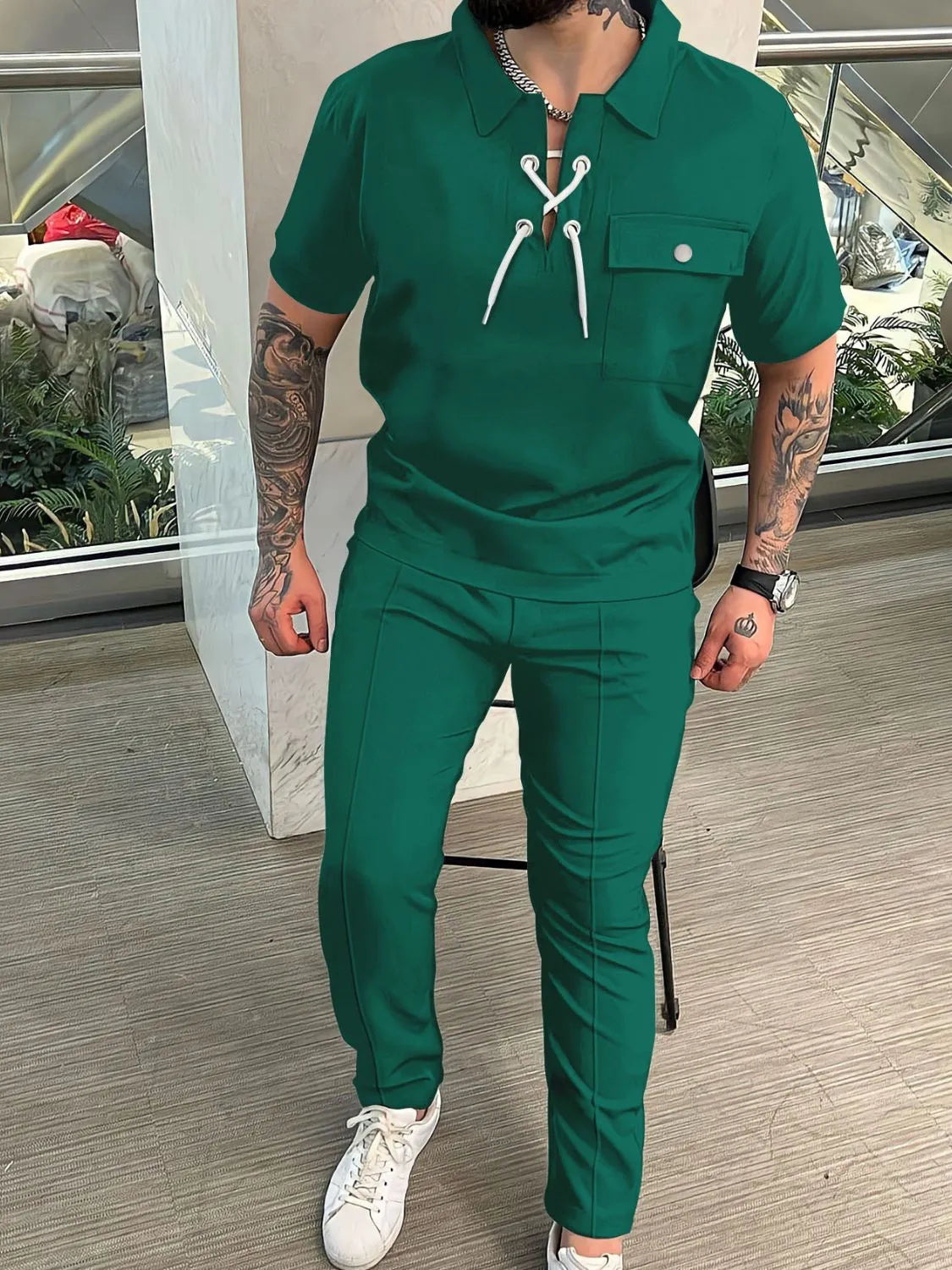 Lace Up Short Sleeve Top and Pants Plus Size in Black for Men