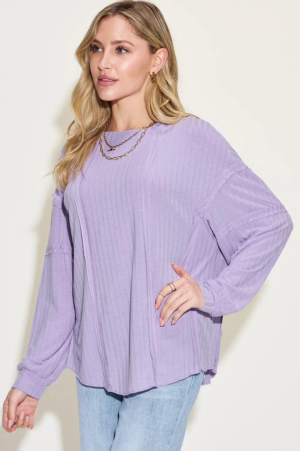 Plus Size Ribbed Round Neck Long Sleeve T-Shirt in Lavender for Women