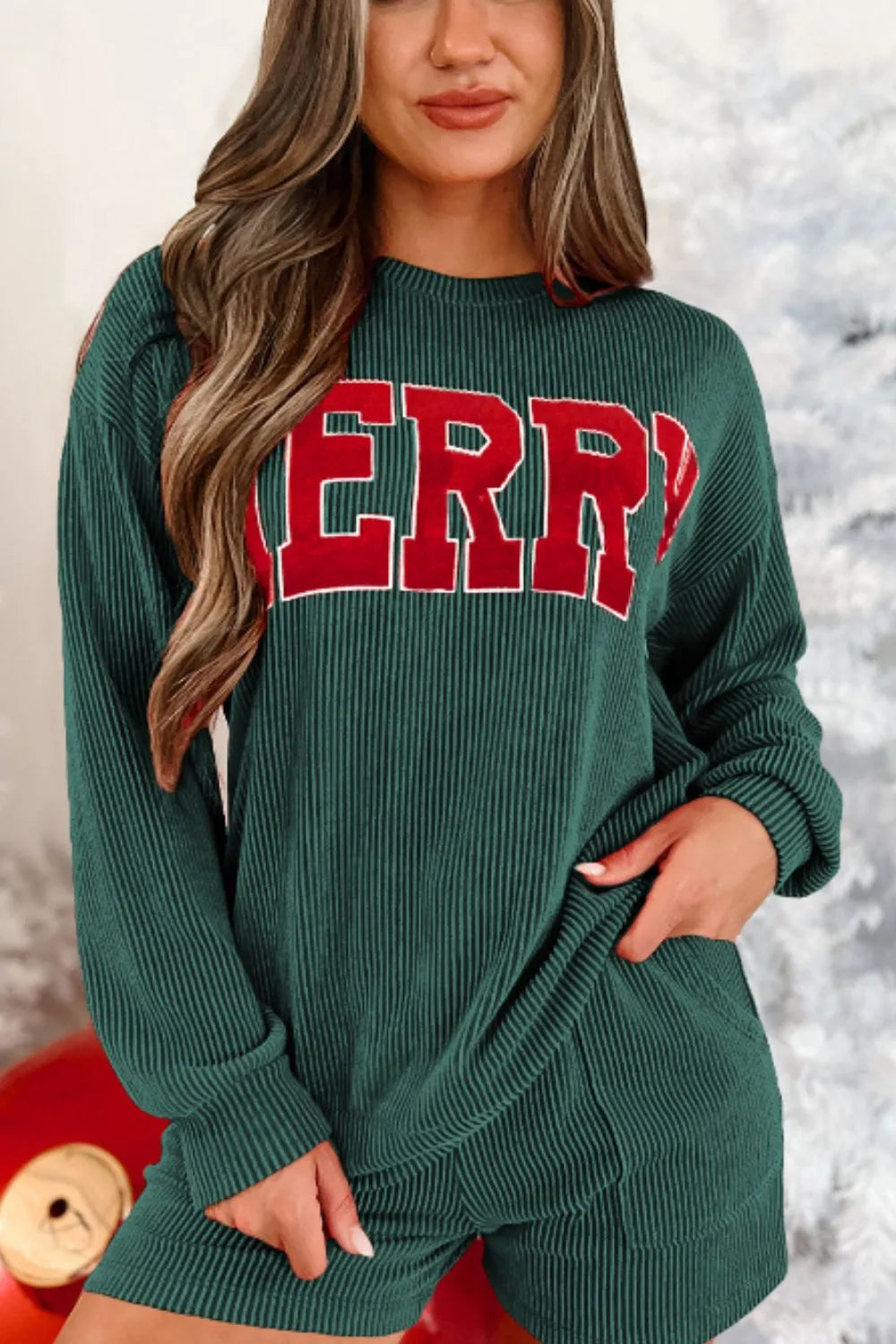 Merry Round Neck Long Sleeve Top and Shorts Lounge Set in Black Forest for Women