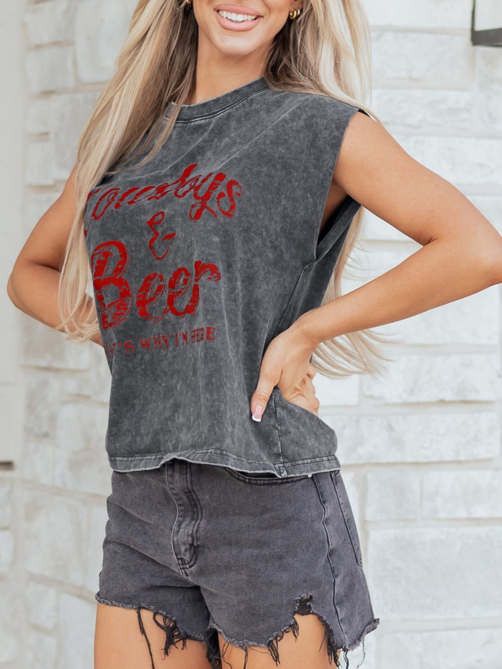 Cowboy & Beer Western Graphic Mineral Wash Tank Top in Dark Gray for Women