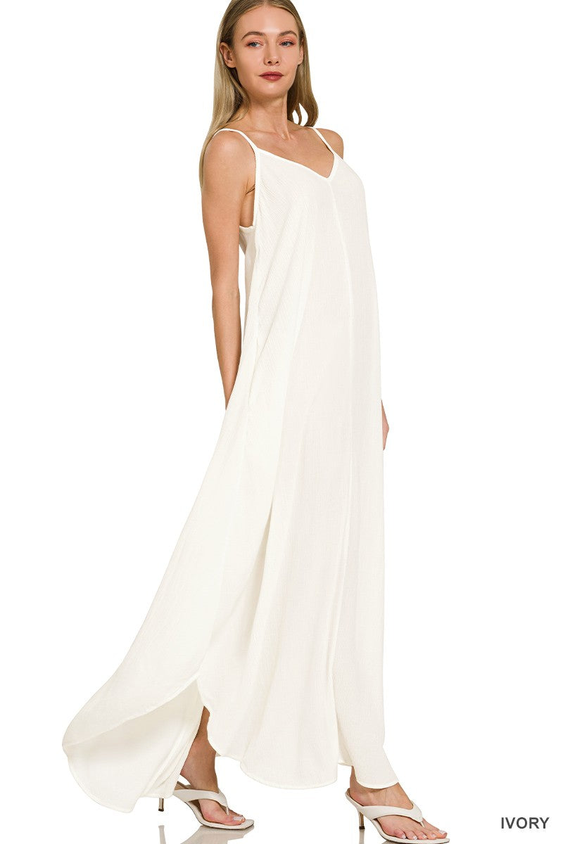 Woven Crinkle Cami Maxi Dress with Side Pockets in Ivory for Women