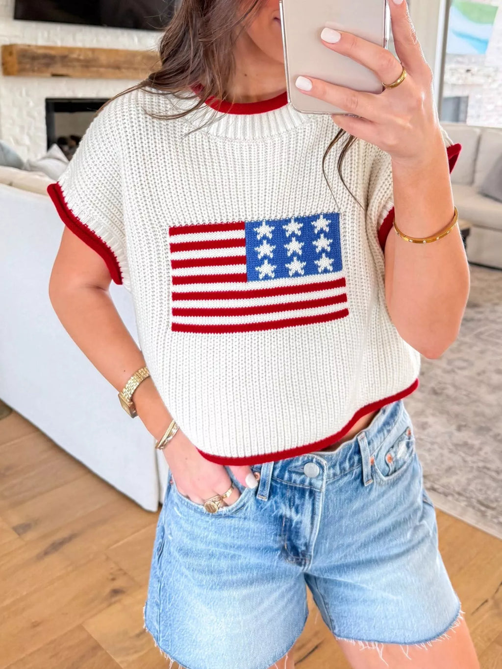 American Flag Knit Sweater Top in White for Women