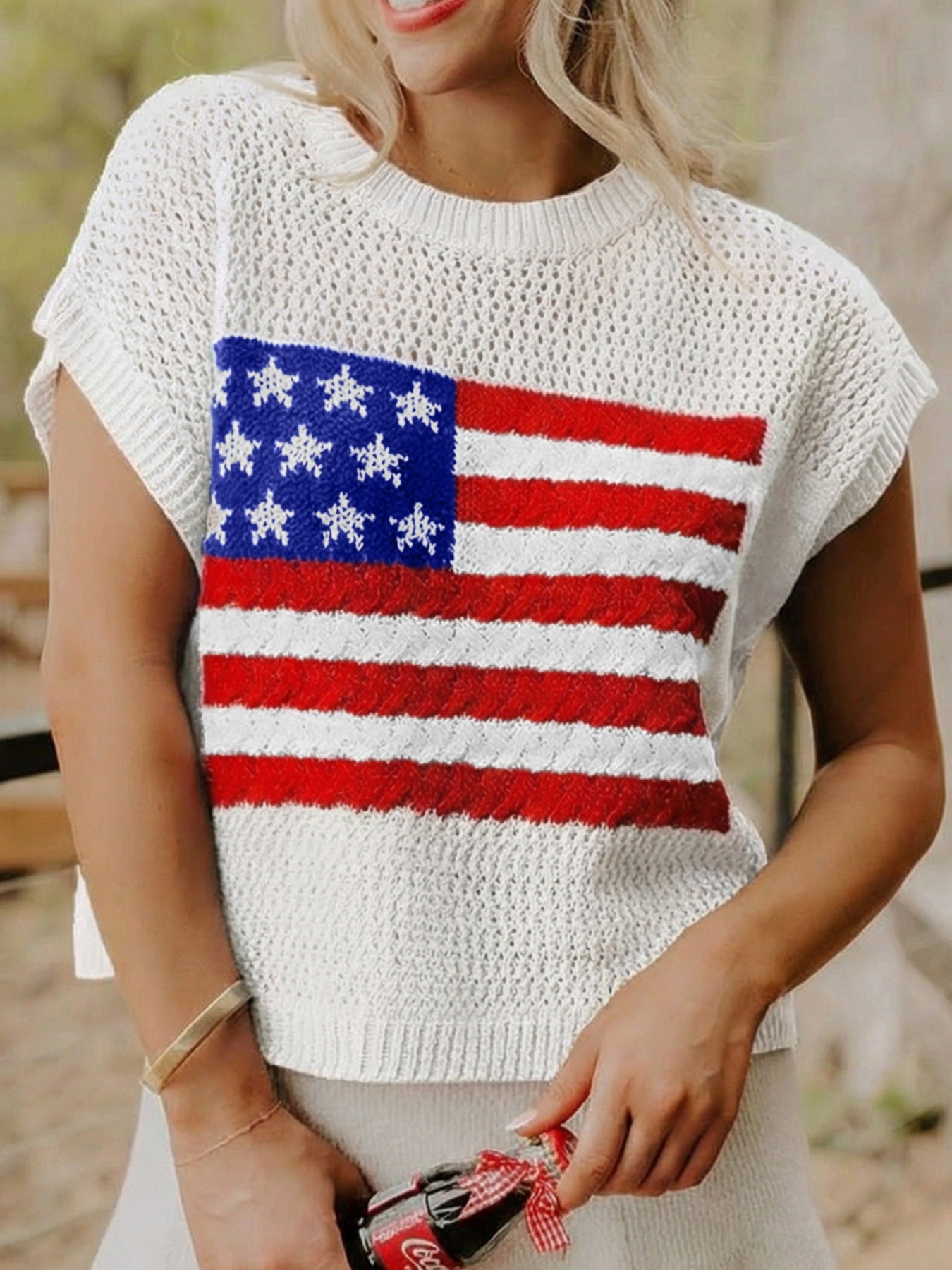 American Flag Knitted Short Sleeve Sweater in Deep Red for Women