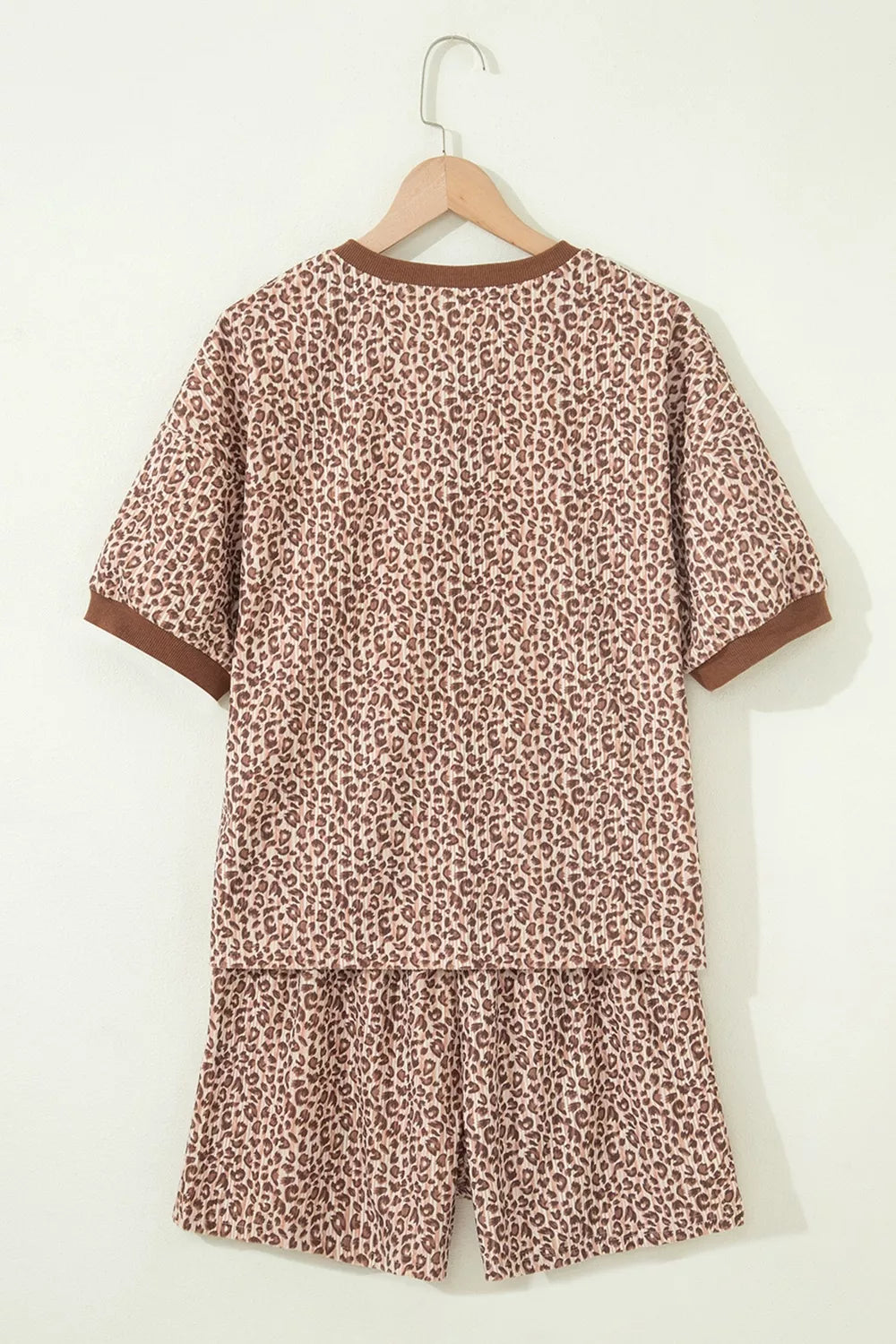 Leopard Print Ribbed Patchwork Half Button Loose Tee Elastic Waist Shorts Two-Piece Set in Mocha for Women