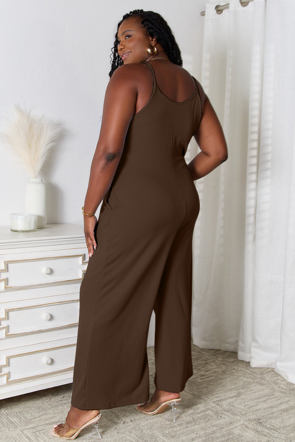 Plus Size Spaghetti Strap V-Neck Jumpsuit in Chocolate for Women