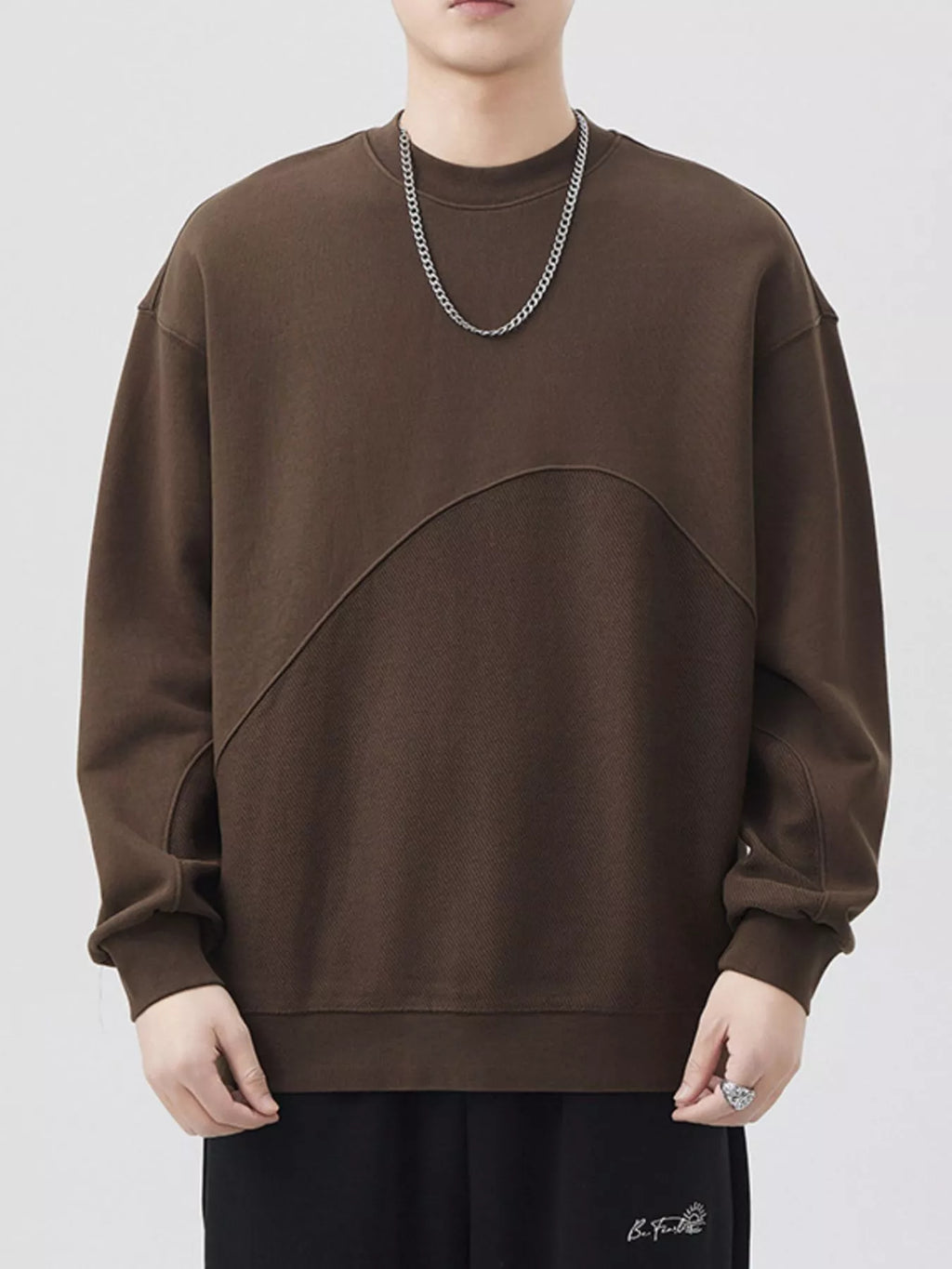 Plus Size Round Neck Long Sleeve Sweatshirt in Light Khaki for Men