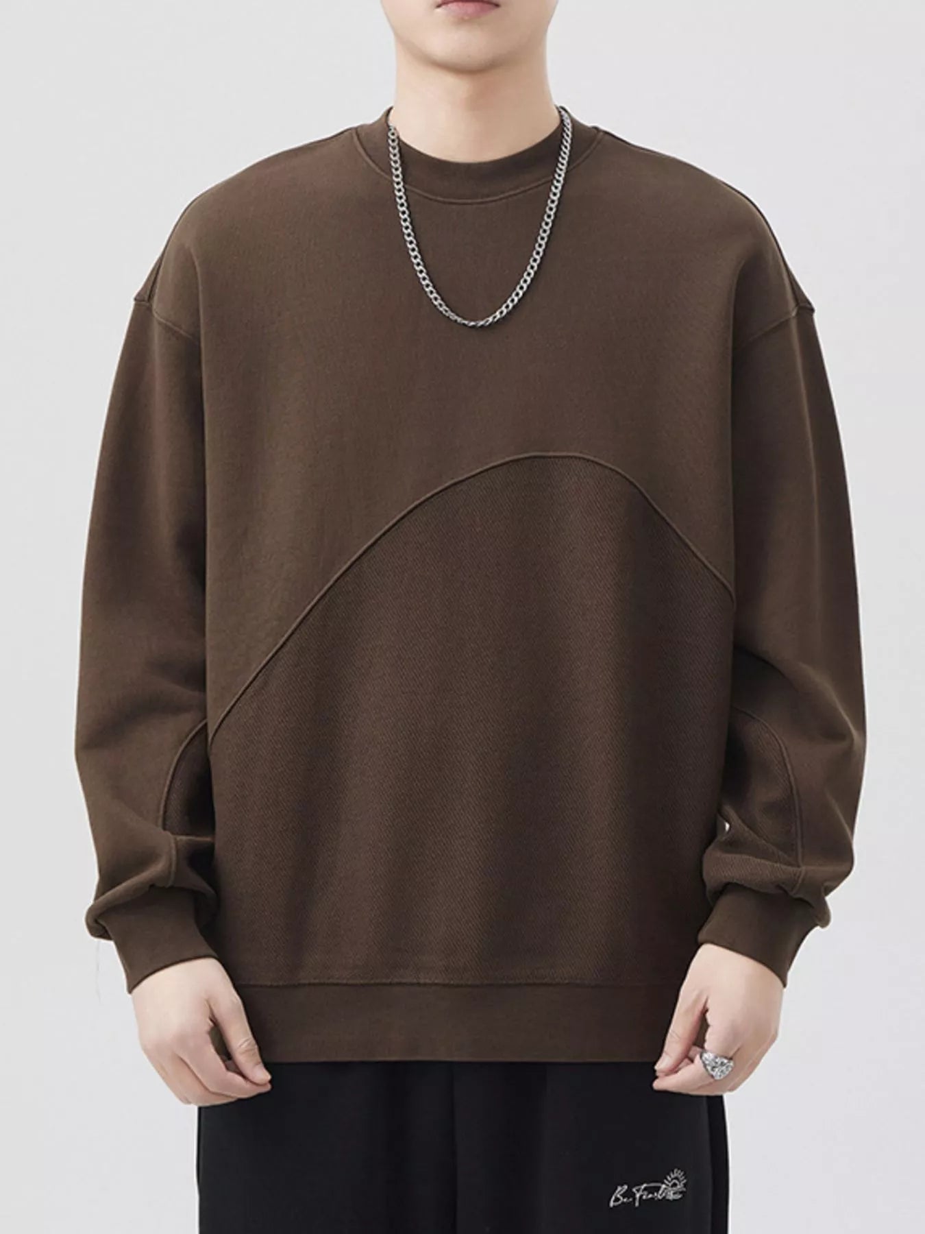 Plus Size Round Neck Long Sleeve Sweatshirt in Light Khaki for Men