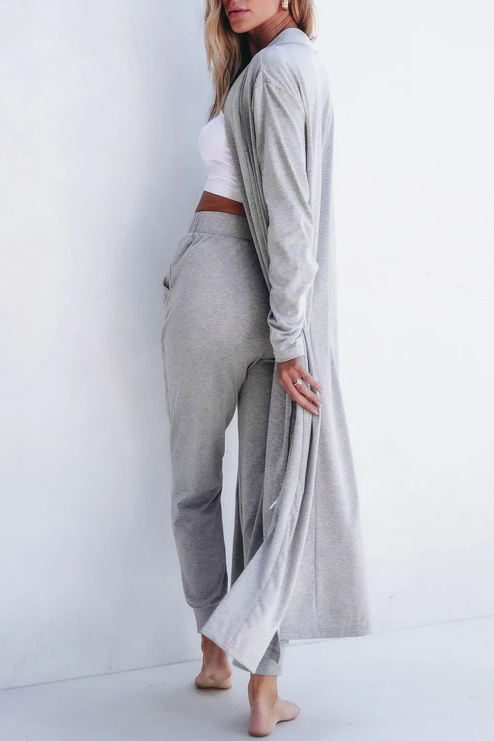 Open Front Long Sleeve Cardigan and Pants Lounge Set in Gray for Women
