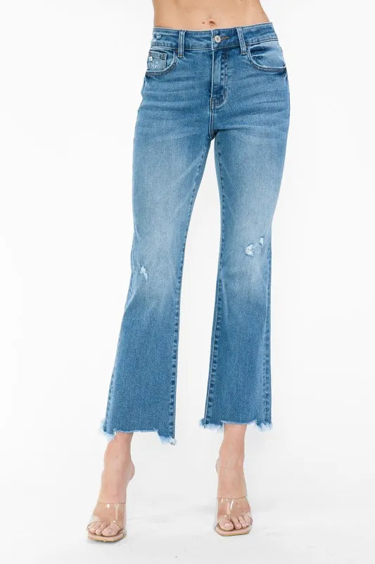 Raw Hem Distressed Mid Rise Crop Jeans in Medium for Women