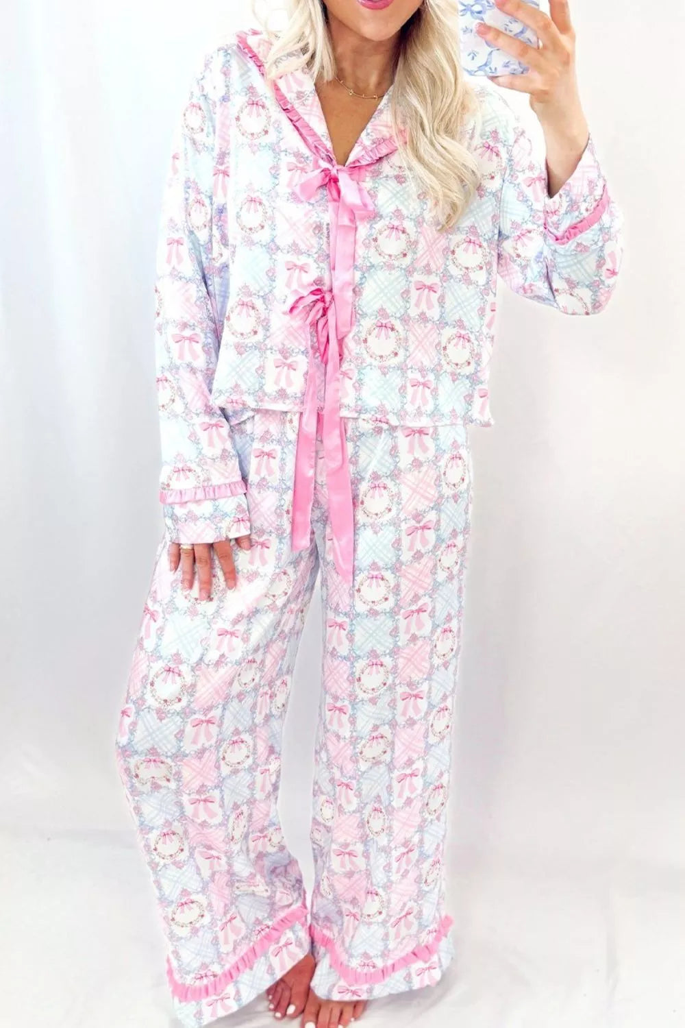 Wreath Pattern Christmas Tied Front Long Sleeve 2pcs Pajama Set in Pink for Women